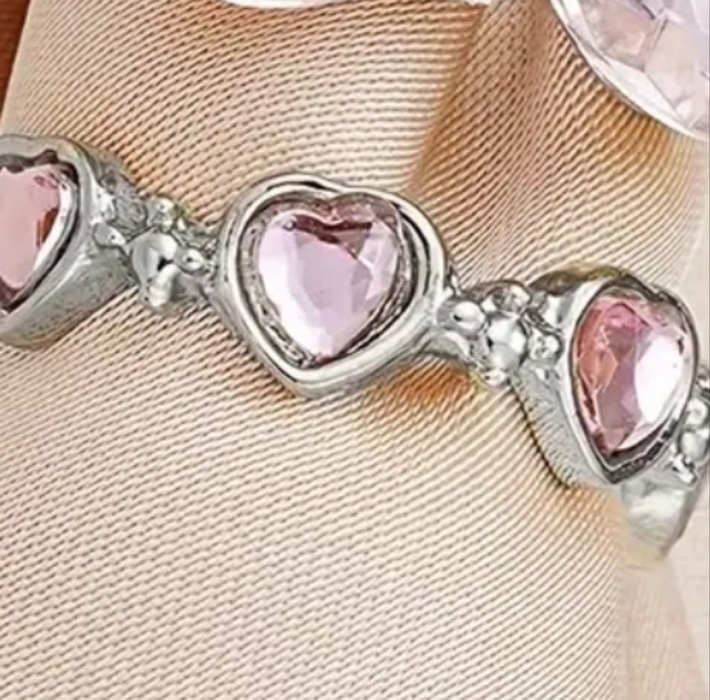 Silver Tone  Heart Ring with Pink Stones Adjustable Size 6.5 - Picture 2 of 4